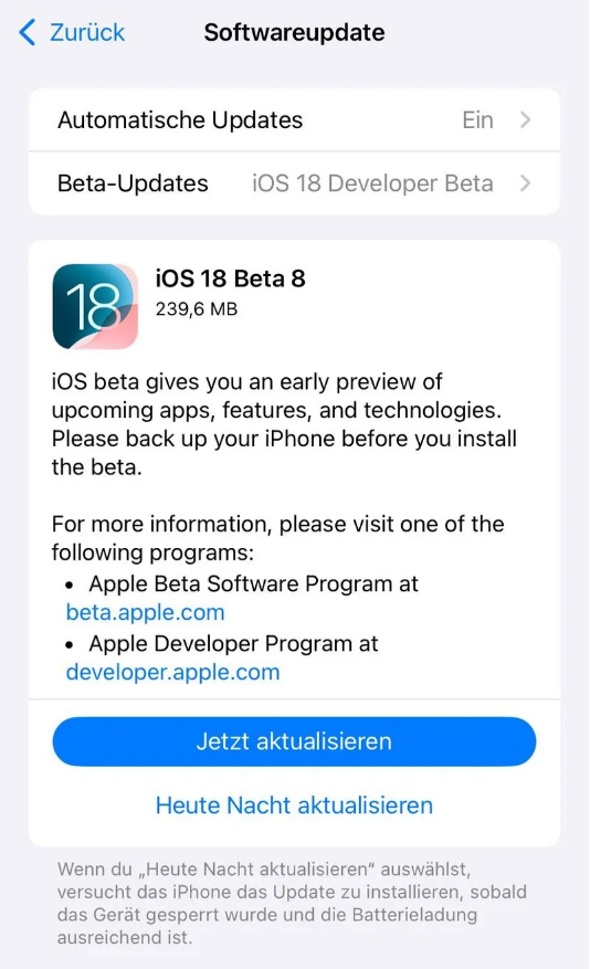 轮台苹果手机维修分享苹果 iOS / iPadOS 18 开发者预览版 Beta 8 发布 